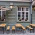 The outdoor area of the craft beer bar BrewsLi in Munich's Au district with wooden tables and benches.