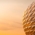 The Allianz Arena in Munich illuminated in the colour gold at sunset.