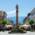 The pedestrian zone of Murnau am Staffelsee with St. Mary's Column and view of the mountains