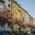 Blossoming cherry trees in front of colourful house facades in Maxvorstadt in Munich