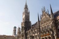 View of the Neues Rathaus and the towers of the Frauenkirche in Munich.