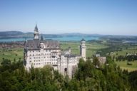 Schloss Neuschwanstein with lake in the background in the Munich environs.