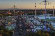 Panoramic view of the Oktoberfest in Munich at dusk.