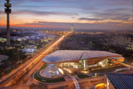 View of BMW Welt and the Olympic Park from above.