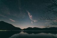 Walchensee at night with a clear starry night in the surrounding region of Munich.