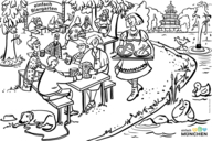 Black and white illustration of a typical Munich beer garden