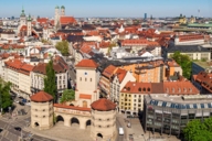 Isartor in Munich with the Old Town in the background photographed from the air.