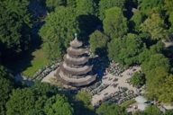 Beer garden at the Chinesischen Turm in Munich taken from above. 