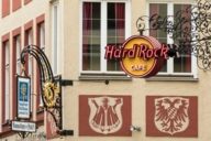 Sign of the Hard Rock Café at the entrance at Platzl in Munich.