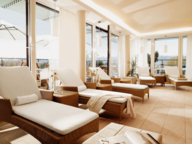 A SPA area in a hotel that is flooded with light and inviting.