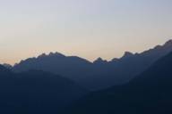 Mountain panorama before a setting sun in the Alps.