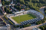 Aerial view of the Städtisches Stadion an der Grünwalder Strasse (football stadion) in summer in Munich.