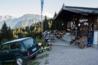 Entrance of the Hündeleskopfhütte, the first vegetarian hut in the Alps near Munich.