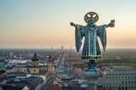 The Münchner Kindl at the Town Hall at Marienplatz photographed from the air