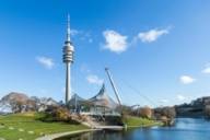 Lake stage in the Olympic Park in Munich with the Olympic Tower in the background.