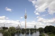 View on Olympiapark with Olympiaturm and Olympiasee in Munich