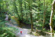 A woman with a red jacket walks along a stream.