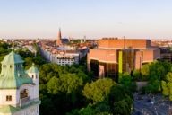 Gasteig in Munich with the Müllersche Volksbad in the front taken from the air with a drone.