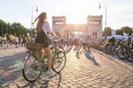 Many cyclists on the Königsplatz in Munich.