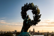 Detailed photo of the oak wreath of the Bavaria statue at Theresienwiese in Munich photographed with a drone