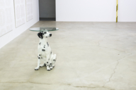 A porcelain Dalmatian serves as a side table with a round glass plate on its head.
