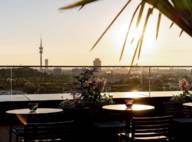 View from the Muniqo roof terrace of the Olympic Park at sunset.