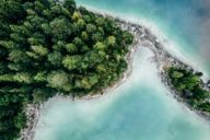 Eibsee nearby Garmisch in the surrounding region of Munich taken from the air with a drone.