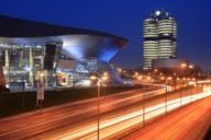 The BMW Welt and the BMW headquarter in Munich late in the evening. 