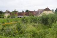 Lush garden with many plants, in the background a large manor house painted yellow.