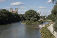 The view of the Isar and Maximilian Church from the Wittelsbacher Bridge in München