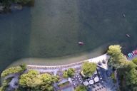 The Kleinhesseloher Lake in the Englischer Garten taken from above with a drone