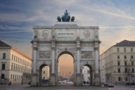The Siegestor at Ludwigstraße in Munich at sunset.