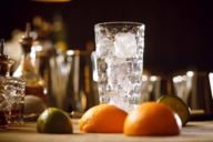 Closeup of a glass with ice cubes and cut citrus fruits.
