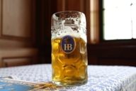 A beer mug on a table at Hofbräuhaus in Munich. 