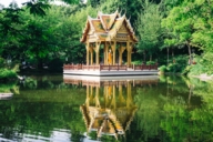 The Thai temple in a small lake surrounded by trees in Munich's Westpark.