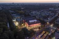 Bird's eye view of the Isar Philharmonic in Munich-Sendling and the other buildings of the Gasteig HP 8 at night