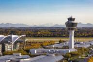 The grounds of Munich Airport against the backdrop of the Bavarian Alps