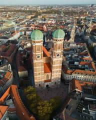 View from above of the towers of the Frauenkirche in Munich.