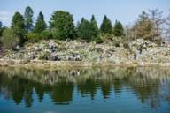 I visitatori passeggiano accanto a un lago nell'Orto Botanico di Monaco di Baviera