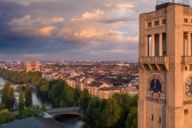 Tower of the Deutsches Museum with the river isar in the background photographed from the air.