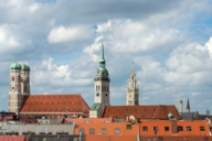 Skyline of the inner city of Munich with the towers of the Frauenkirche, Alter Peters and Neues Rathaus.