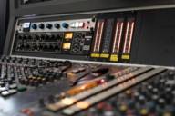 Close-up of a mixing console in a recording studio in Munich.