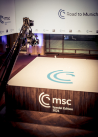 Camera is pointed at the stage of the Munich Security Conference Special Edition.
