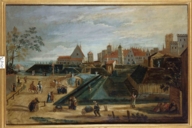 Historical painting with a view of the gates of a medieval town