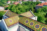 Mosaic decorated roof of the Ludwigskirche in Munich photographed from above with a drone