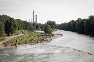 View from the Reichenbachbrücke of the Isar river and the Southern CHP Plant in Munich.