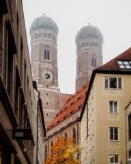 View from Sporerstraße of the twin towers of the Frauenkirche in Munich.