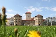 The Isartor in Munich photographed from a flower meadow.