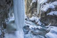 Large icicles hang in the snowy Partnachklamm gorge in winter