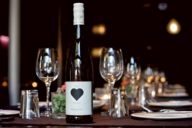 A bottle of wine on a table in the restaurant Heart in Munich. 